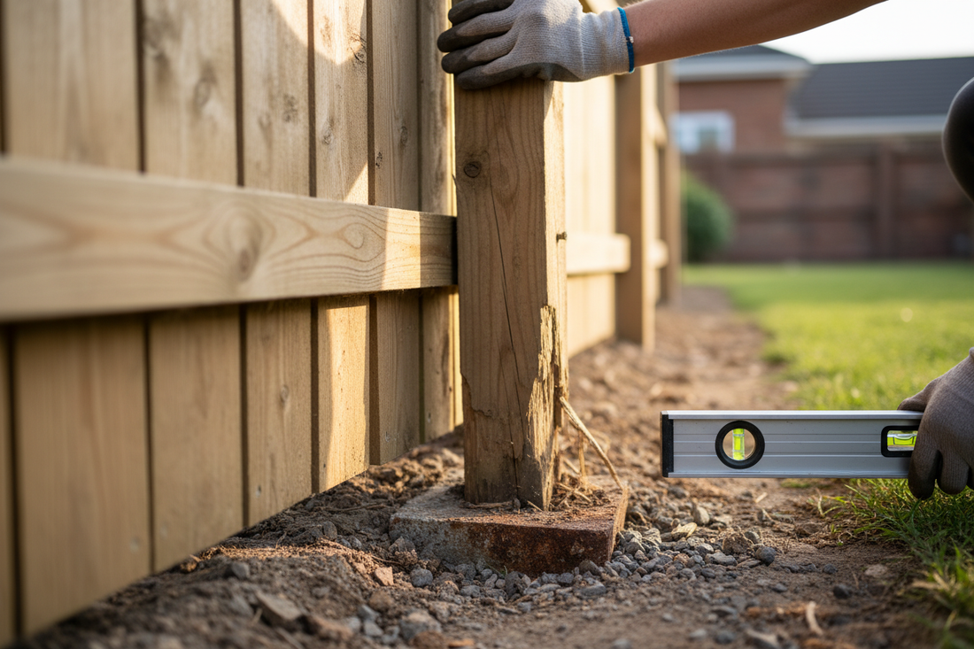 Problem photo – A wobbly or leaning fence post compromises privacy and security; learn techniques to re-anchor loose posts, reinforce stability, and extend the lifespan of your fence.