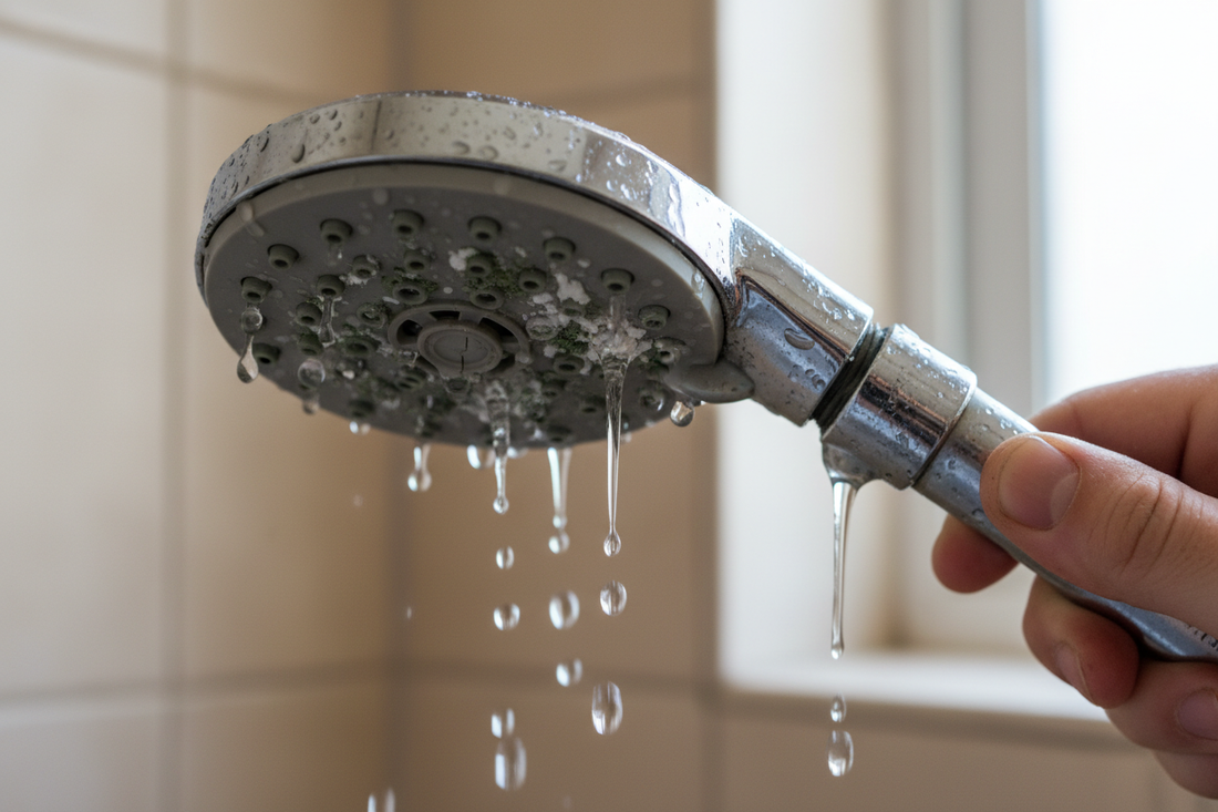 Problem photo – Leaking shower head (drips, low pressure, worn washers, mineral buildup)