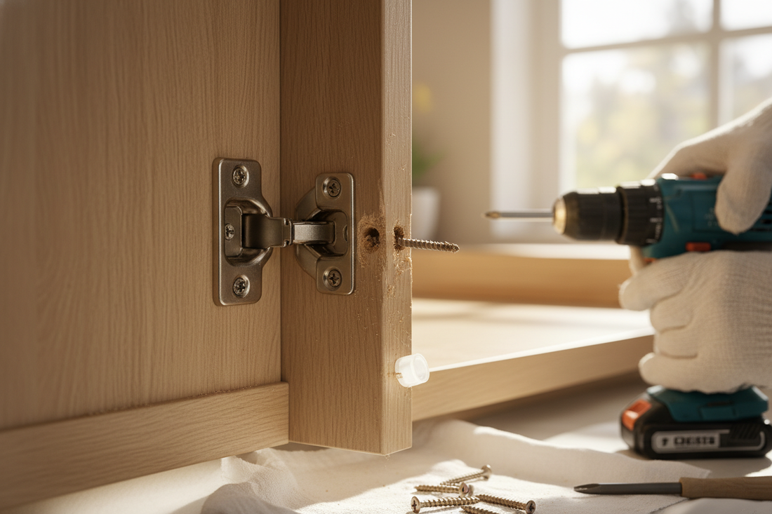 Problem photo – Cabinet door misaligned (hinge adjustments, stripped screw fixes, soft-close tuning)
