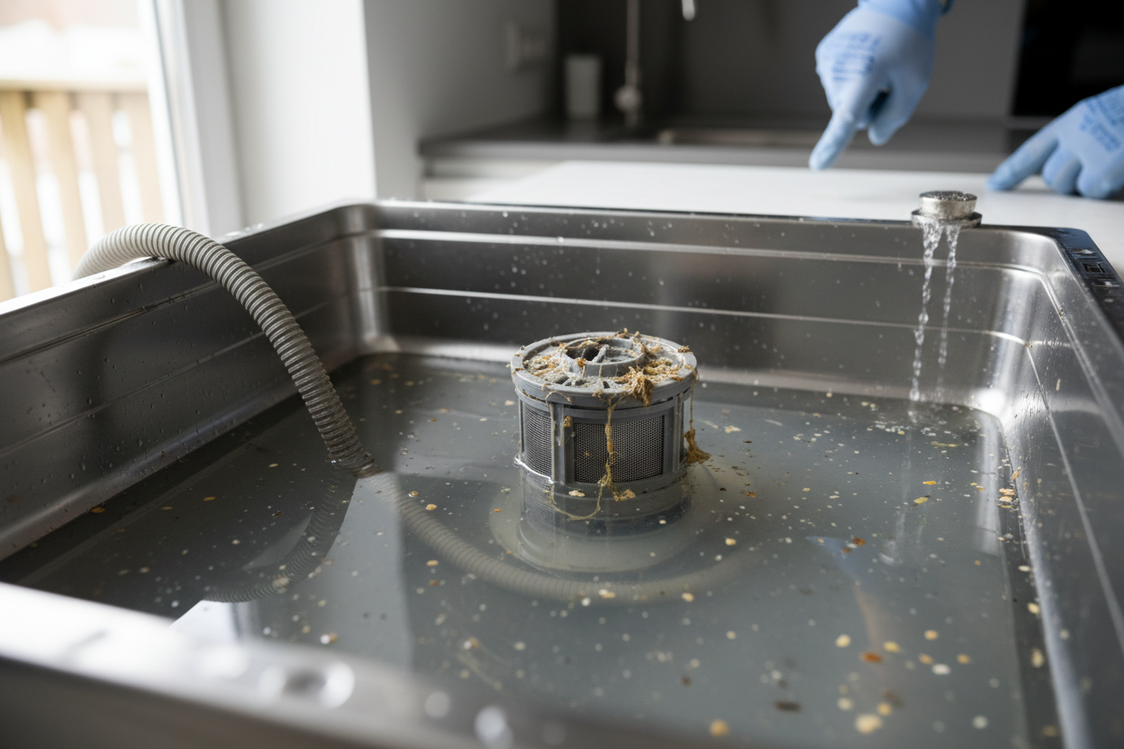 Problem photo – Is your dishwasher leaving standing water after a cycle? Diagnose common culprits like clogged filters, blocked air gaps, or drain hose issues to get your appliance running smoothly again.