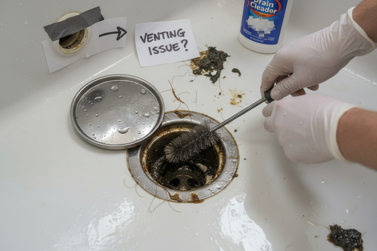 Problem photo – Bad smell from shower drain (trap, biofilm cleaning, venting signs)