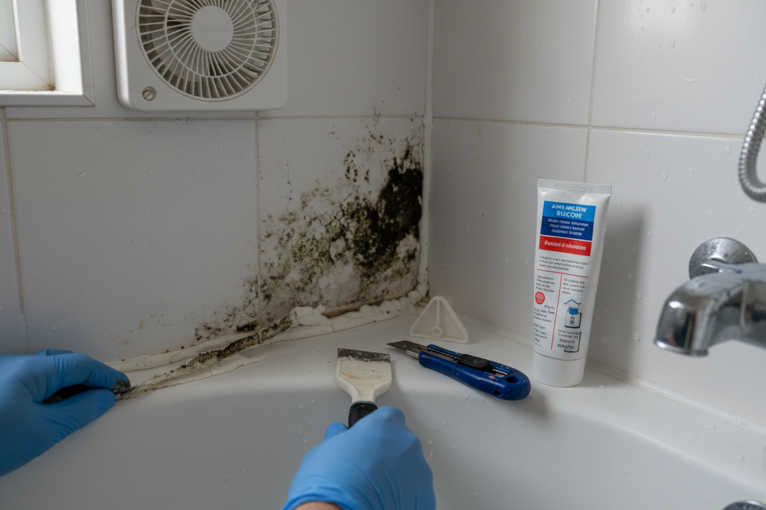 Problem photo – Moldy shower caulk (safe removal, re-caulking, ventilation)