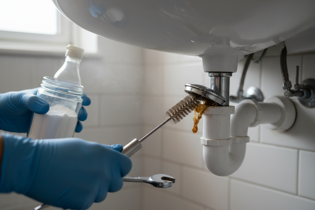 Problem photo – Bad smell from sink or shower drain (biofilm cleaning, trap basics, safe deodorizing)