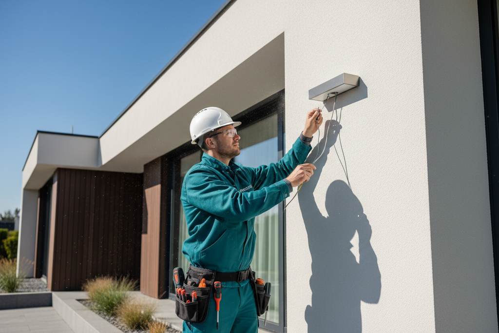 image of an electrician installing an outdoor wall light on a modern house exterior. 