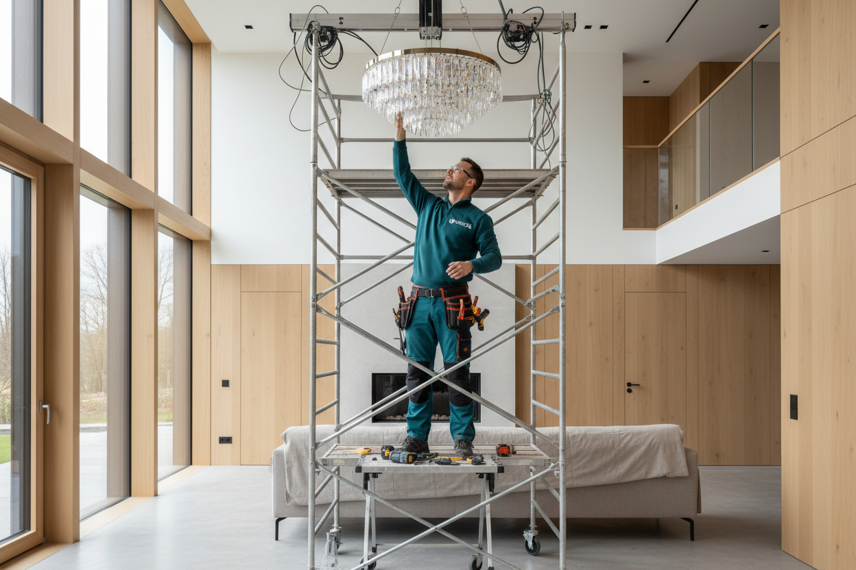 Photorealistic image of a professional electrician preparing to install a large chandelier in a bright, modern interior. The electrician is wearing heavy-duty construction-style workwear in teal (#029DB2), not medical clothing, with a subtle Mester24 logo. The space is well-lit, elegant, and organized, showing a complex but controlled installation environment.